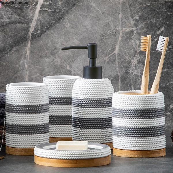 

bath accessory set european black white stripes wash ceramics five piece soap box gargle cup bottle toothbrush holder bathroom decor