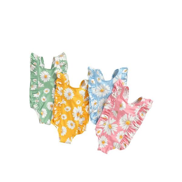 

one-pieces summer children kids baby girls ruffle daisy print bikini one-piece swimwear swimsuit bathing beachwear costume clothes, Black