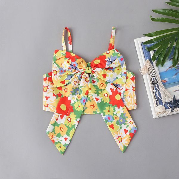 

girls' style french floral suspender vest sleeveless summer bow sweet children's wear, Blue