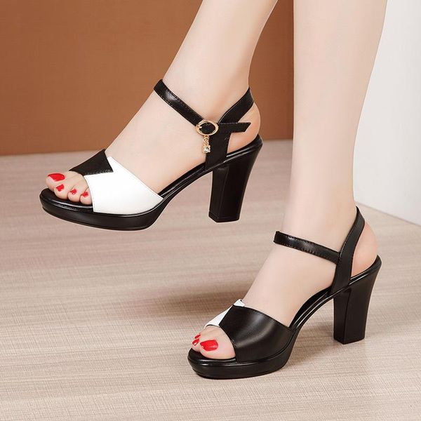 

sandals high heel for women summer open toe block heels women's shoes chunky, Black