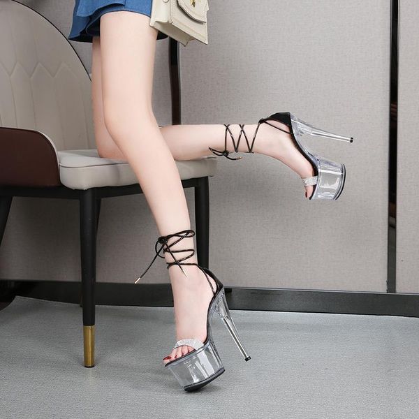 

dress shoes 34-43 big size pvc summer women high heels transparent crystal platform ankle strap ladies sandals simple party pumps, Black