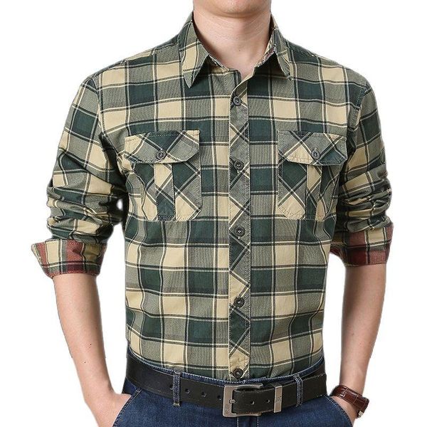 

men's casual shirts large size -5xl middle aged men spring autumn army green plaid 100% pure cotton long sleeve shirt male khaki grid, White;black