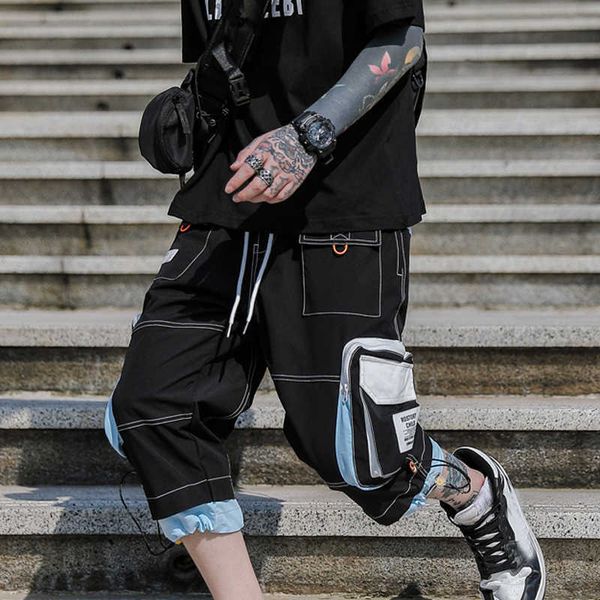 

hip hop streetwear men's cargo shorts summer trend big pockets comfortable male hipster short pants 210714, White;black