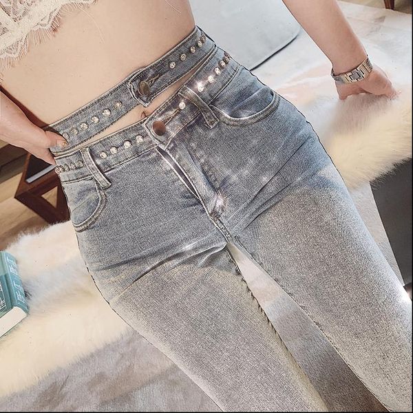 

s hollow out women jeans pencil pants spring clothing style elegant diamond set high waist woman kz254, Blue