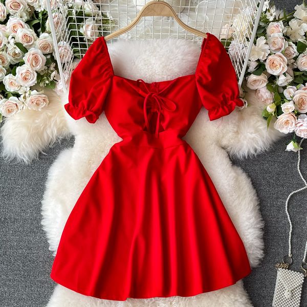 

summer square collar dstring mini dress women red/pink/black/white high waist short sleeve party vestidos female 2021, Black;gray