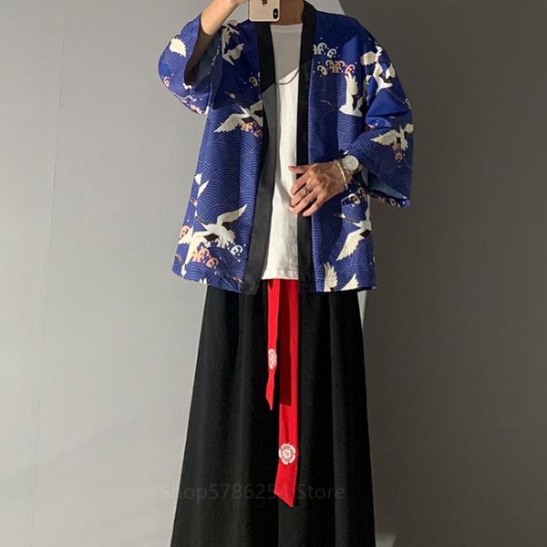 

kimono men samurai costume haori retro cardigan japanese style streetwear yukata asian clothes japan fashion pants, Red