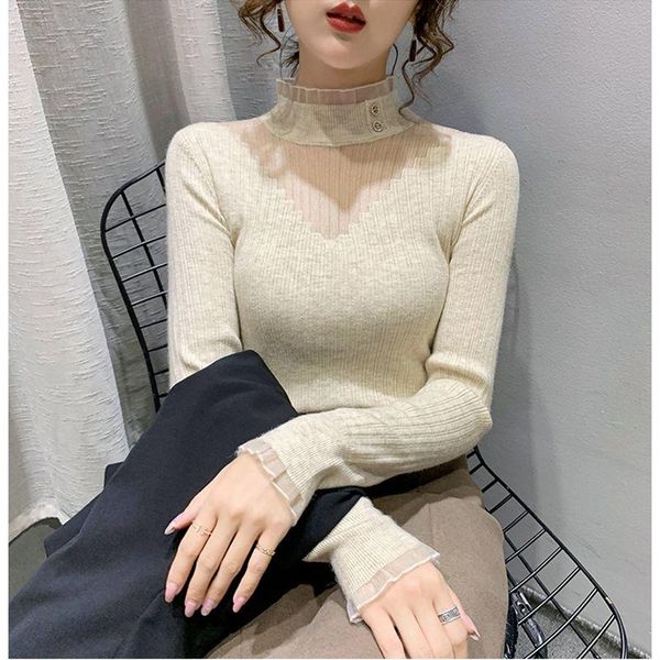 

women's sweaters room 215222, row 7, no. 5 middle] real shooting lace stitching button half high neck knitted bottom shirt 34, White;black