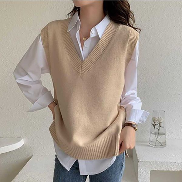 

solid v-neck sleeveless sweaters vest + shirt two-piece suit korean style teens loose knitwear sweaters autumn winter slim suit 211008, Black;white