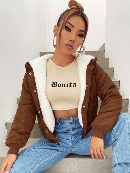 

slant pocket hooded teddy lined jacket z939#, Black;brown