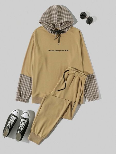 

men plaid slogan graphic drawstring hoodie & sweatpants a5rm#, Gray