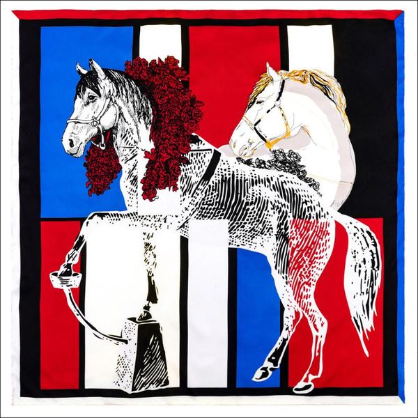 

scarves satin edge scarf 90 designer head female silk hand rolled hem horse print, Blue;gray