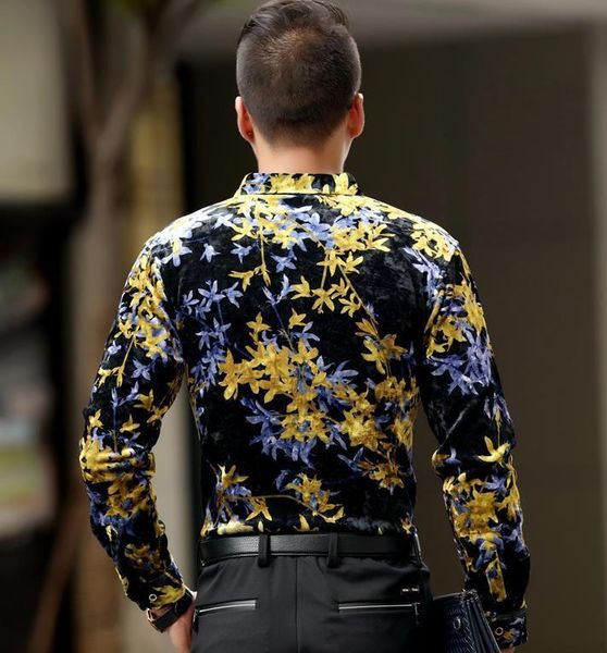 

winter luxury men's warm thick shirt floral casual flannel velvet soft long sleeve slim male dress s vowm, White;black