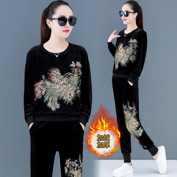 

2021 new fashion heavy industry printed stitching women's autumn velvet casual sports suit pants, White