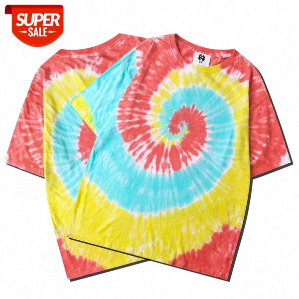 

casual men's street color tie-dye pattern couple women's round neck short-sleeved loose t-shirt #h660, White;black