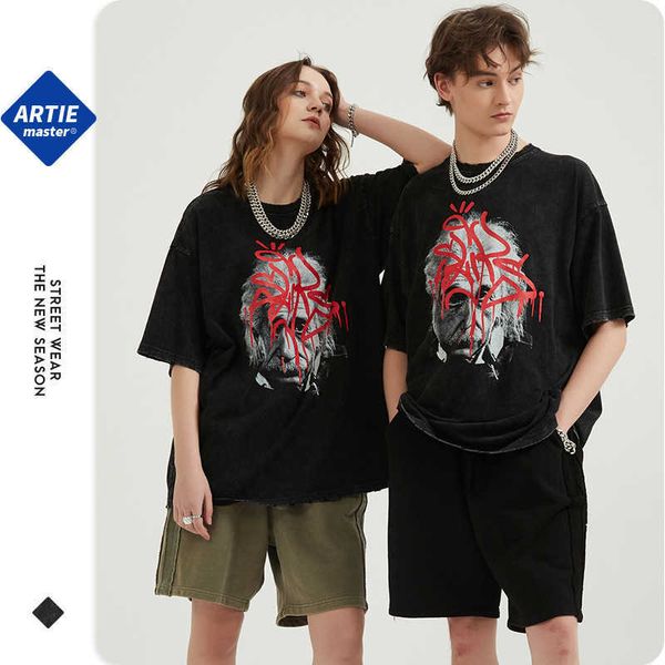 

artie men's wear hip hop summer ferment wash thick fashion loose oversize cotton short sleeve round neck t-shirt, White;black