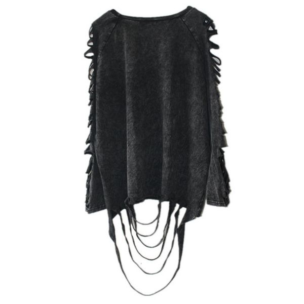 

[xitao] sale europe punk personality style washing-black color hollow out and tassel women t-shirts 7ivp, White