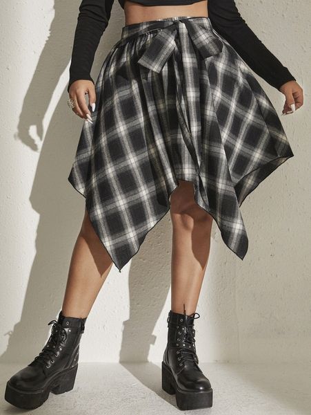 

plus plaid asymmetrical hem tie front skirt e64c#, Black