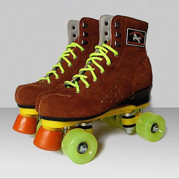 

brown roller skates genuine leather with led lighting wheels double line skates 4 wheels two line roller skating shoes