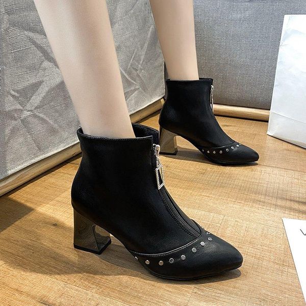 

boots rimocy pu leather waterproof ankle womens autumn 2021 luxurious rivet botas woman crystal high heels shoes female, Black