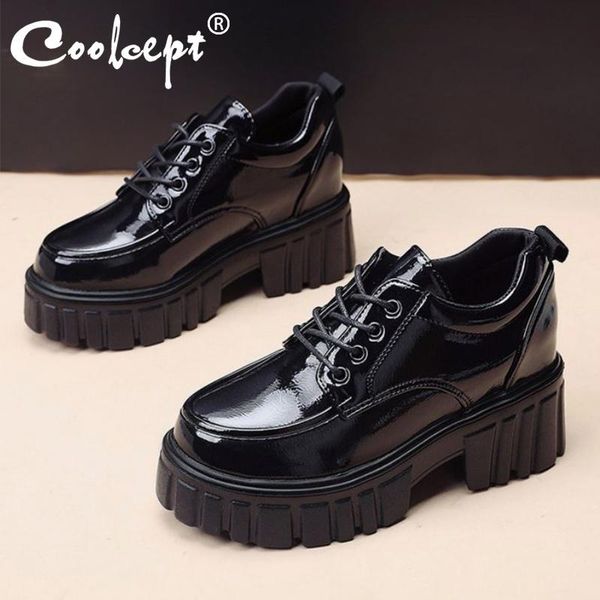 

boots coolcept ladies pumps thick bottom lace up patent leather women shoes fashion cool party female footwear size 34-39, Black
