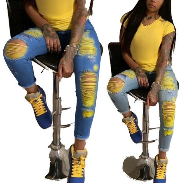 

women's jeans mom woman elastic waist high wais plus size denim pants vintage holes skinny boyfriend for women washed cotton, Blue