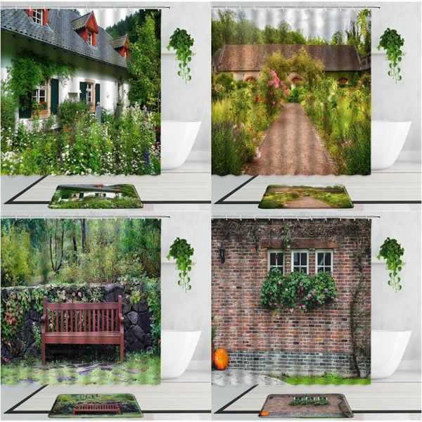 

shower curtains rural retro stone wall green leaf vine idyllic flowers plants garden decor door curtain bathroom bath mat screen
