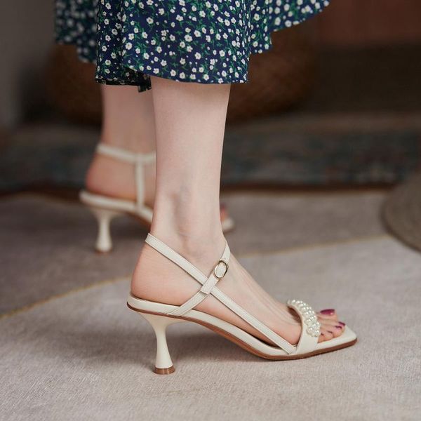 

sandals summer 2021 high-heeled pearl sandal with one-line women's shoes, Black