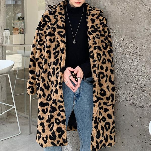 

men's fur & faux streetwear outerwear lovers overcoat leopard print windbreaker men coat vintage loose long trench jacket male, Black