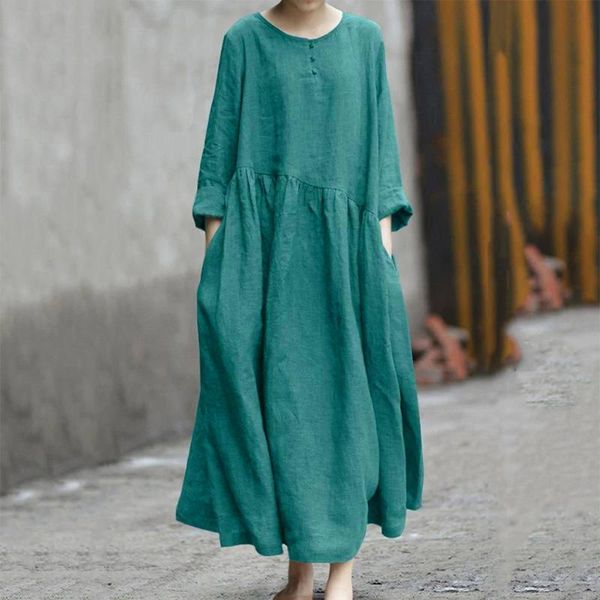 

casual dresses women loose solid color cotton and linen irregular stitching round neck long sleeve dress large swing with pocket vestidos, Black;gray