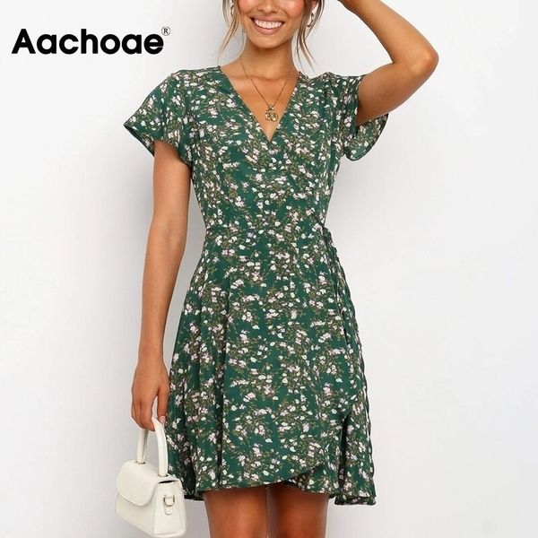 

aachoae women v neck floral print dress summer casual short sleeve mini beach dress bandage wrap dresses sundress vestidos mujer 210309, Black;gray