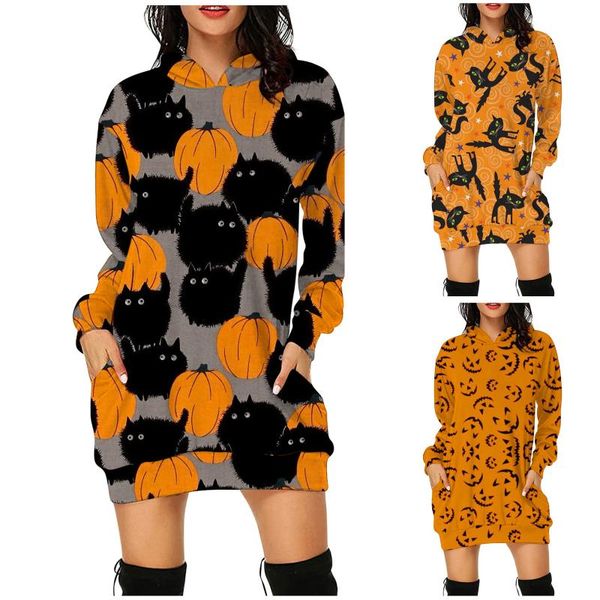 

casual dresses halloween hoodie dress autumn women bag hip pocket print fashion a-line winter vintage mini 2021, Black;gray