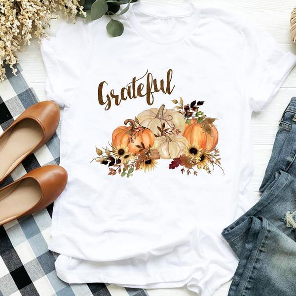 

women lady pumpkin cartoon autumn thanksgiving halloween print tshirt female t tee womens shirt clothes graphic t-shirt, White