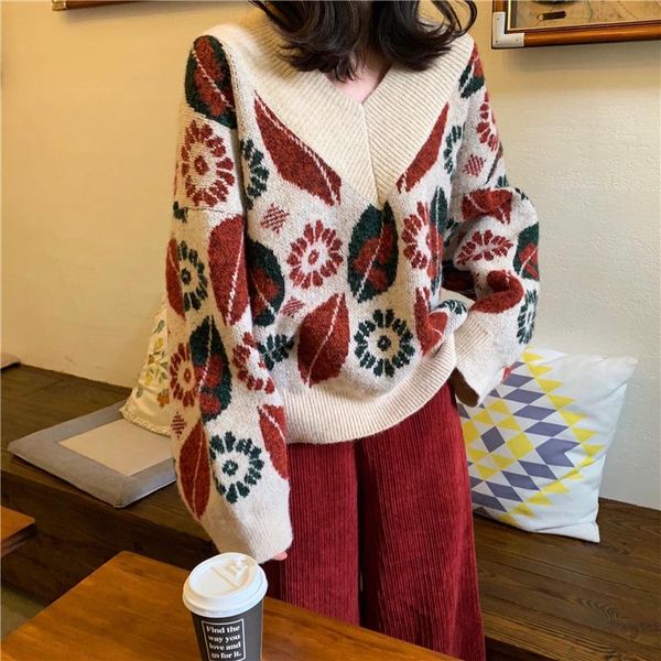 

women's sweaters autumn winter women sweater cotton knitted loose korean style fashion v-neck floral print warm pullover clothing 2021, White;black