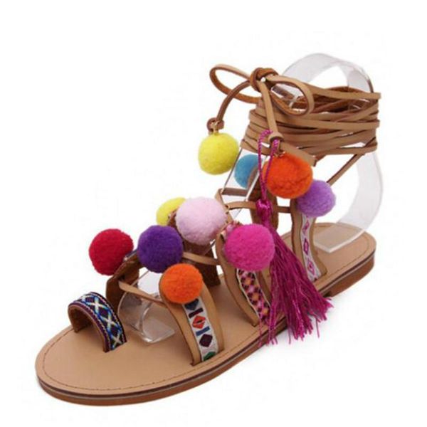

sandals 2021 sandalias pompones suede pom gladiator women lace up knee high flat sandal shoe summer brown for dropship, Black
