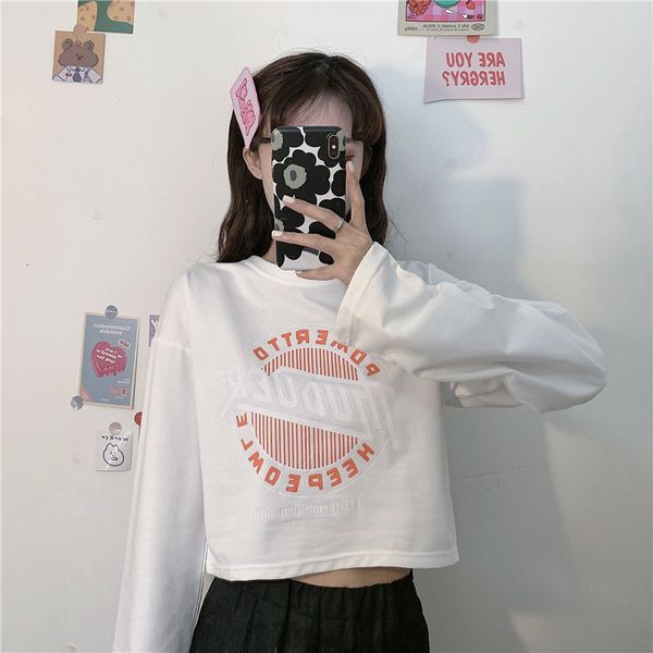 

2021 new college style short print long-sleeved t-shirt women's round neck pullover simple 45qg, White
