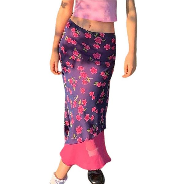 

skirts women casual close-fitting long skirt summer spring mesh patchwork purple floral printed pattern irregular hem 2021, Black