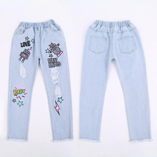 

jeans spring summer girls baby pants kids trousers children streetwear bottoms fashion ripped big hole wide leggings 3 to 12 yrs, Blue