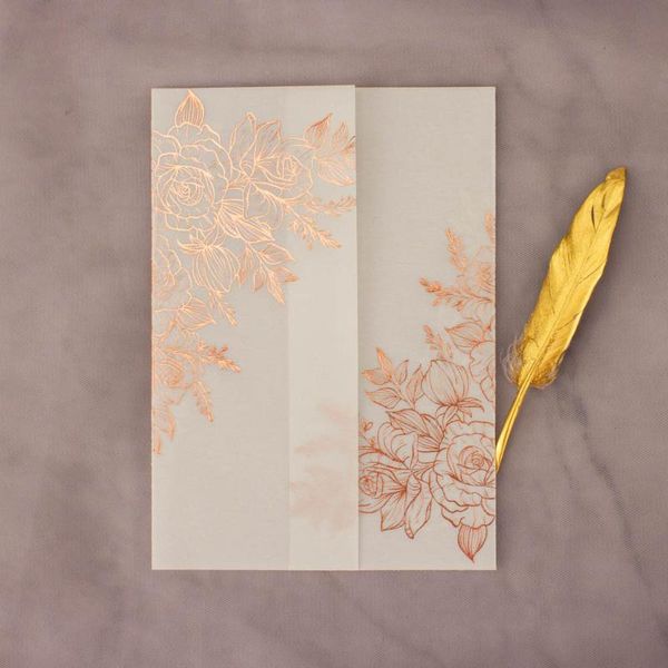 Cartões 50x convites de casamento de Vellum Rose Folha de ouro, Chuveiro de noiva convites Envelopes Envelopes Prata Estampando a festa de aniversário