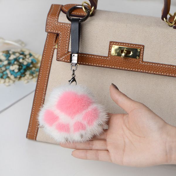 

7 color trinket real mink cat paw pompom fur s on the bag cute fluffy pendant accessories keychain, Silver
