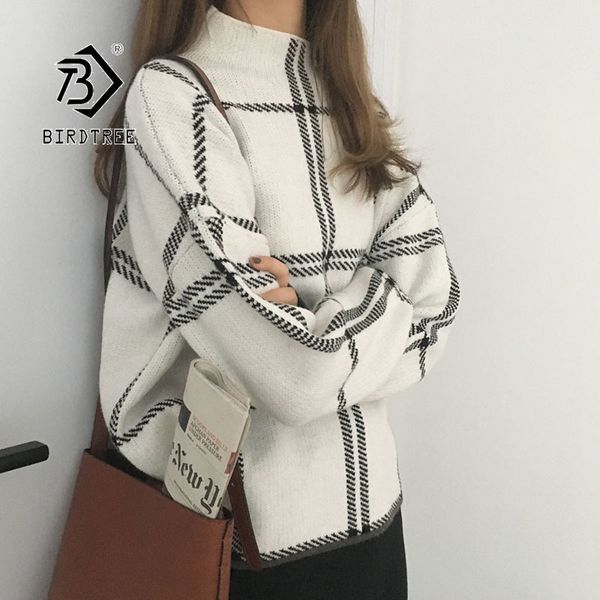 

2021 ins winter new women's pullovers sweater fashion plaid turtleneck loose knit full sleeve korean casual t98301d s20210106, White;black