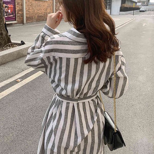 

casual dresses dresses women shirt single-breasted pocket sashes striped female dress full sleeve spring summer vestidos femme 86zn, Black;gray