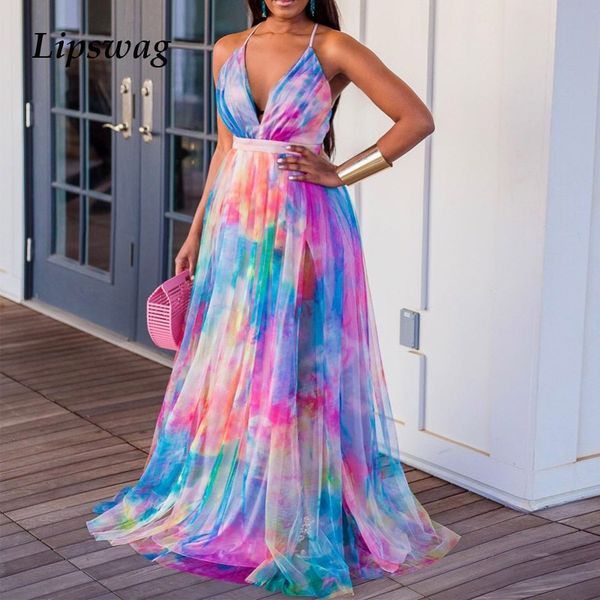 

backless deep v lady party dress elegant tie-dye print beach long dress fashion women sleeveless sling maxi dress vestidoshigh quality, Black;gray