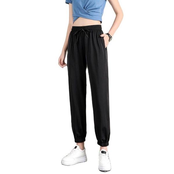 

women's pants & capris loose summer thin anti mosquito sunscreen high waist drop feeling wide leisure ice silk legged sports d022, Black;white
