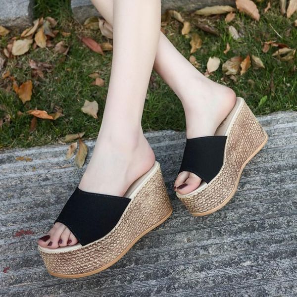 

slippers summer women's sandals peep-toe shoes woman high-heeled platfroms casual wedges for women high heels, Black