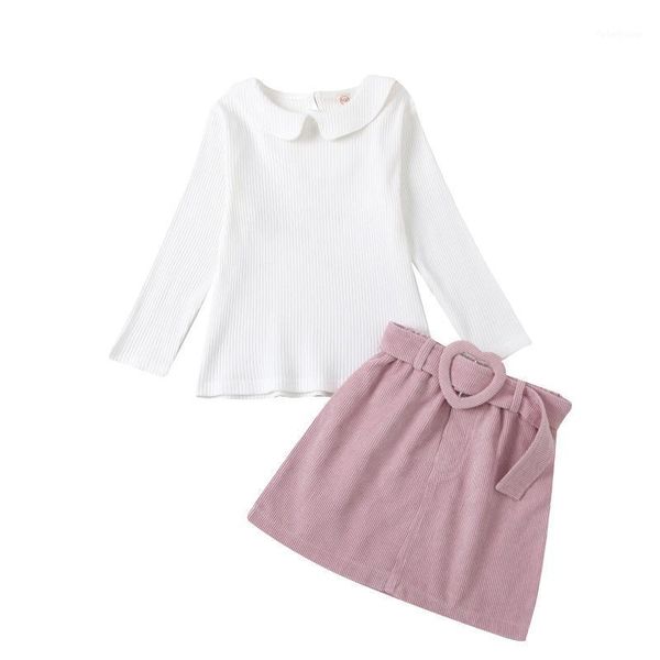 

clothing sets kids baby girl skirt suit 2pcs clothes long sleeve lapel neck ribbed waistband corduroy half dress for girls party wear 1-1, White