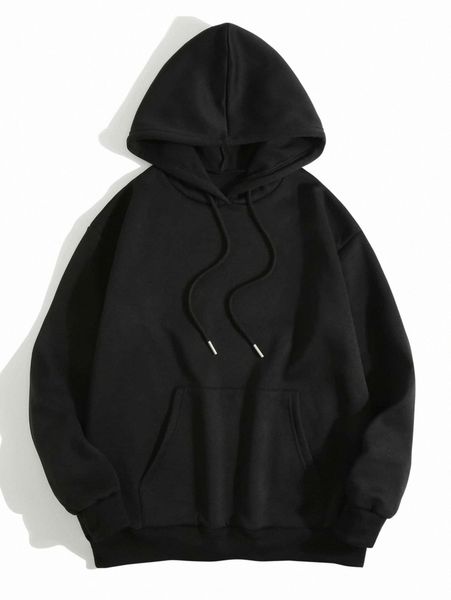 

solid drawstring pocket front hooded sweatshirt t6n6#, White;black