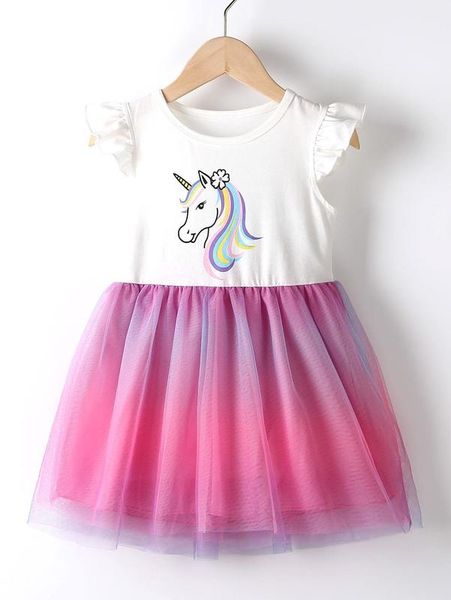 

toddler girls unicorn graphic mesh hem dress she, Red;yellow