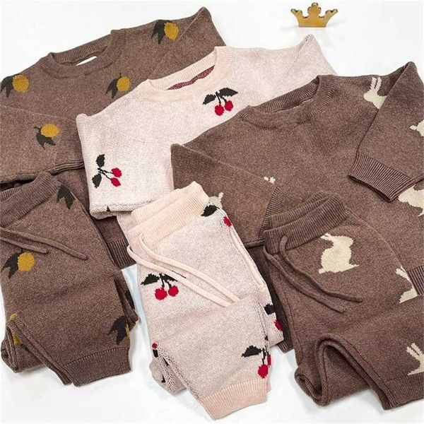 Enkelibb super adorável crianças cereja e limão padrão de malha suéteres pants sets menino menina br roupa inverno jumpers 211104