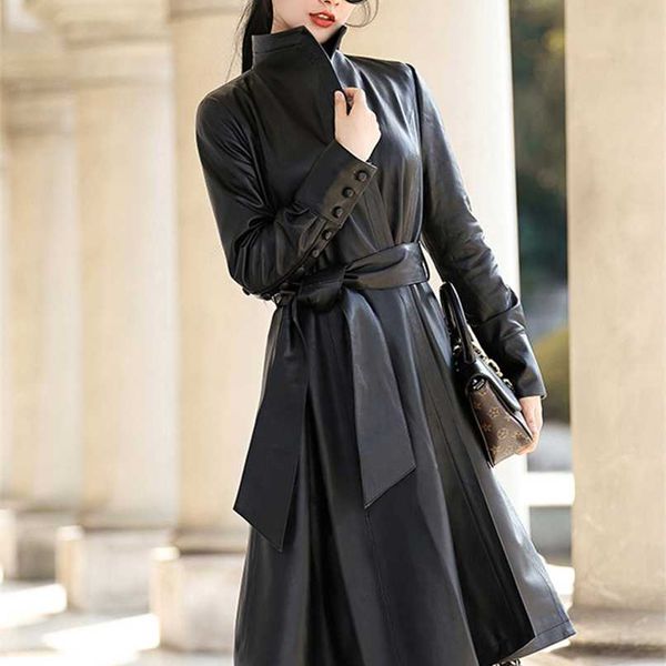 

nerazzurri asymmetrical leather trench coat for women long sleeve belt fall long faux leather coats women korean fashion 211007, Black