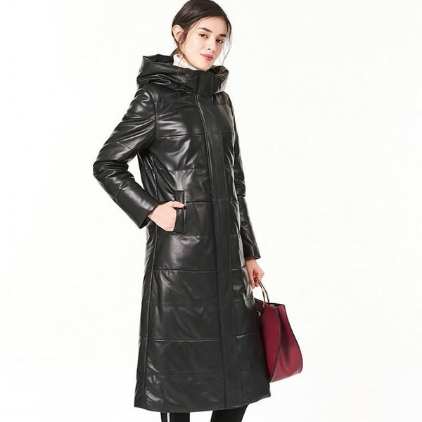 

women's leather & faux brand womens sheepskin down jacket streetwear genuine slim fit hooded outwear 2021 winter warm long coat female, Black